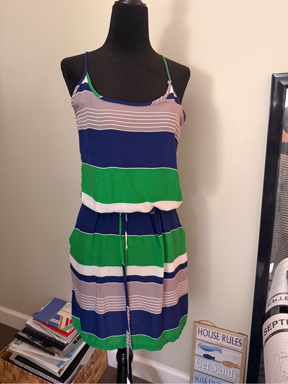 Banana Republic Blue, Green & White Striped Sleeveless Dress